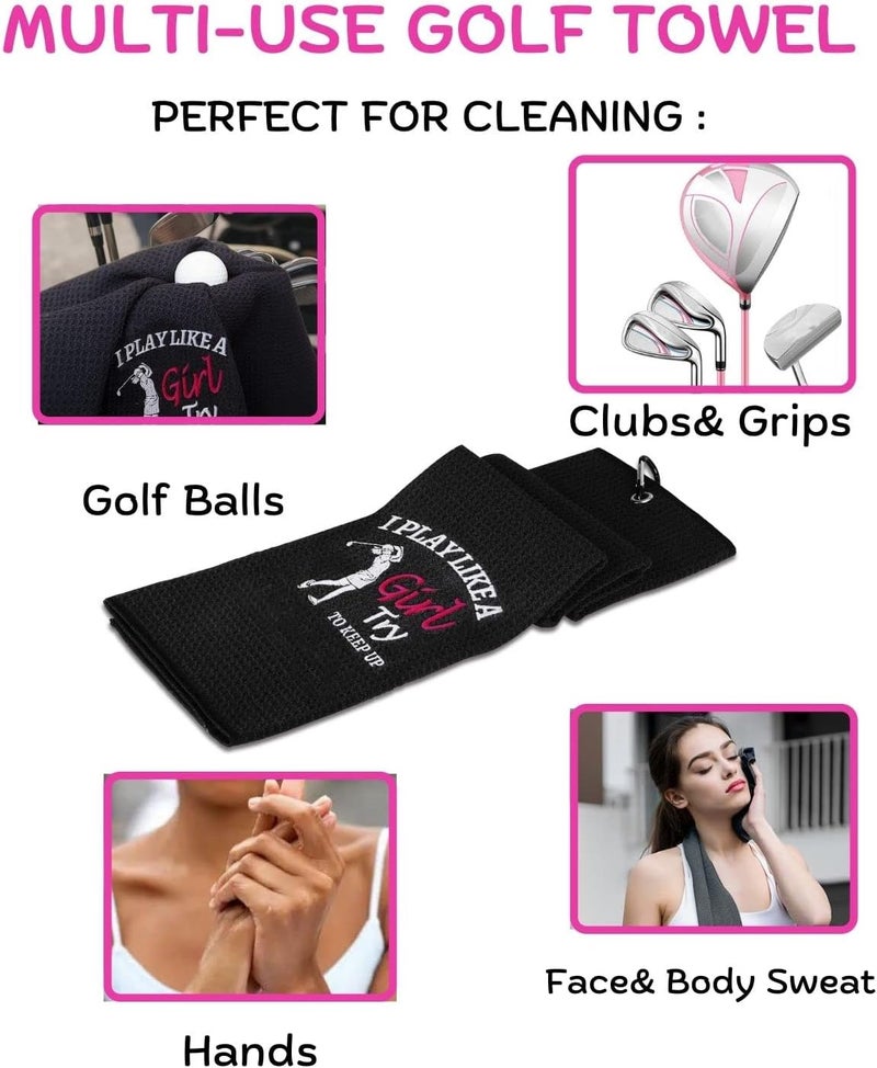 botogift Funny Golf Towel, I Play Like A Girl Try to Keep up - Golf Gifts for Women, Golf Accessories for Women, Embroidered Towels for Bags with Clip, Black - Image 5